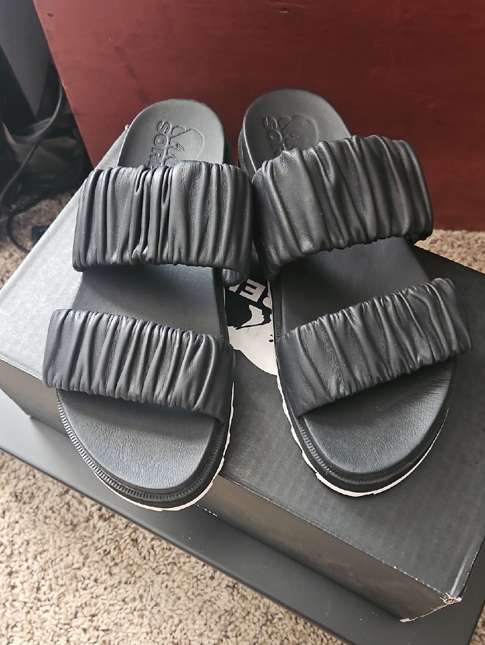 Sorel Black Ruched Double-Strap Slide Sandals